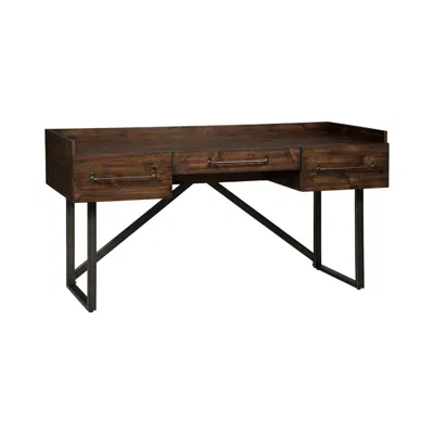 Hivvago Three Drawers Wooden Desk With Tubular Metal Base And Bar Handles, Brown And Black
