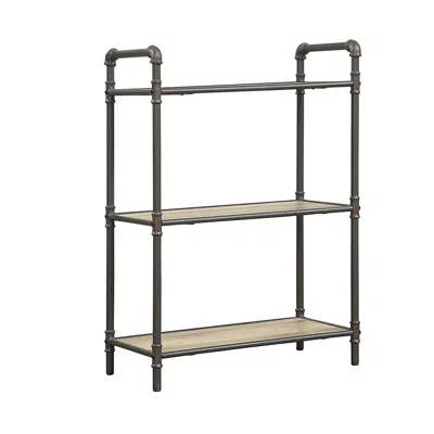 Hivvago Three Tier Metal Bookshelf With Wooden Shelves, Oak Brown & Gray