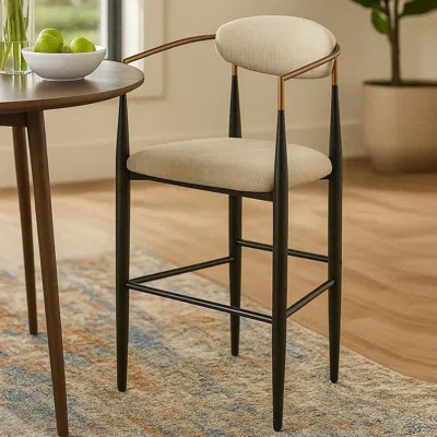 Hivvago Tiara Bar Chair Set Of 2, Beige Fabric, Gold Black Metal 30 Inch