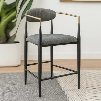 Hivvago Tiara Counter Chair Set Of 2, Gray Fabric, Gold, Black Metal 25 Inch