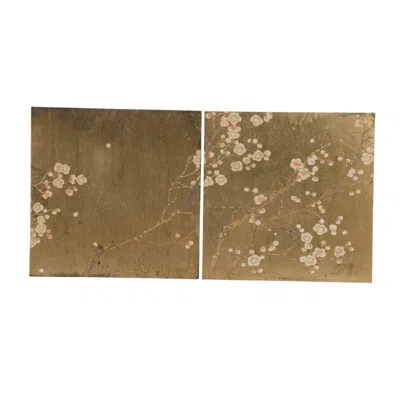 Hivvago Tim 24 Inch Wall Art Set Of 2, Divided Floral Design, Square, Gold, Brown