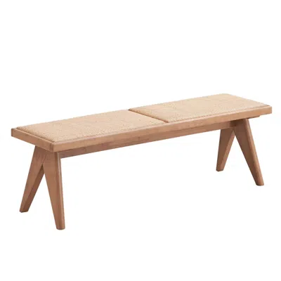 Hivvago Tina 51 Inch Dining Bench, Transitional Woven Rattan, Natural Brown Wood