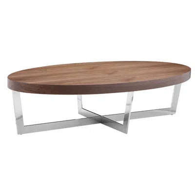 Hivvago Tini 55 Inch Coffee Table, Oval Top, Chrome Frame, Walnut Brown Finish
