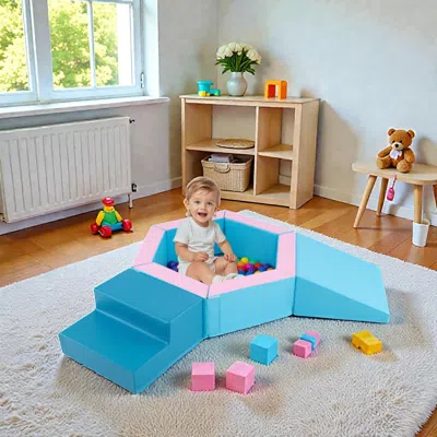 Hivvago Toddler Adventure Foam Blocks With Crawl Ramp And 100 Ocean Balls In Blue