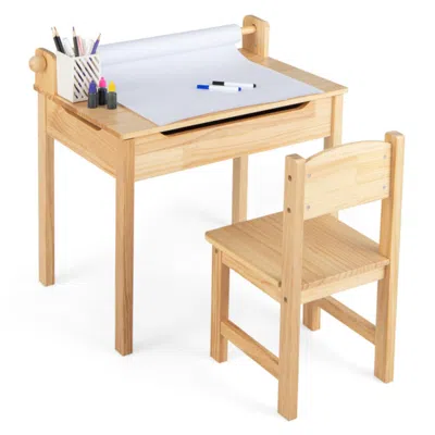 Hivvago Toddler Multifunctional Activity Table And Chair Set With Paper Roll Holder-natural In Neutral