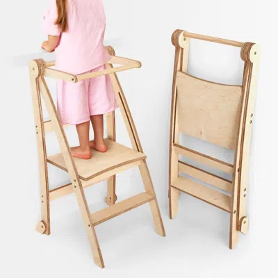 Hivvago Toddler Tower: Foldable Step Stool For Toddlers - Beige In Brown
