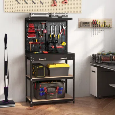Hivvago Tool Storage Workbench With Pegboard With 14 Hanging Accessories For Garage-black And Red