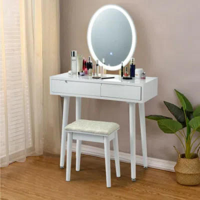 Hivvago Touch Screen Vanity Makeup Table Stool Set With Lighted Mirror-white