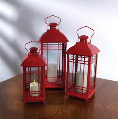 Hivvago Traditional Red Metal Lantern (set Of 3)