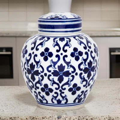 Hivvago Traditional Style Urn Shape Ceramic Lidded Jar With Floral Pattern, White And Blue