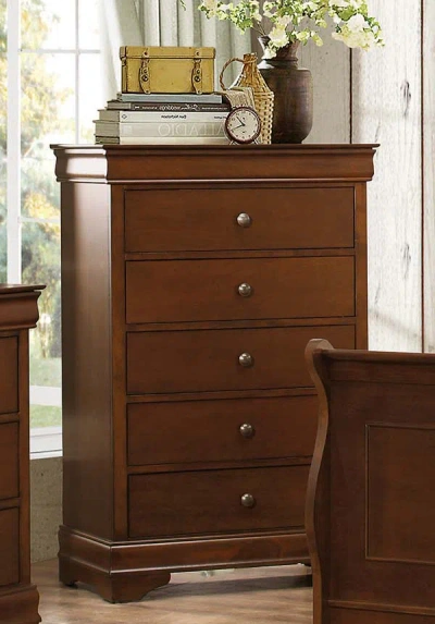 Hivvago Transitional Style Wooden Chest With 5 Drawers, Cherry Brown