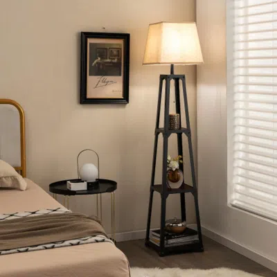Hivvago Trapezoidal Designed Floor Lamp With 3 Tiered Storage Shelf-brown In Black