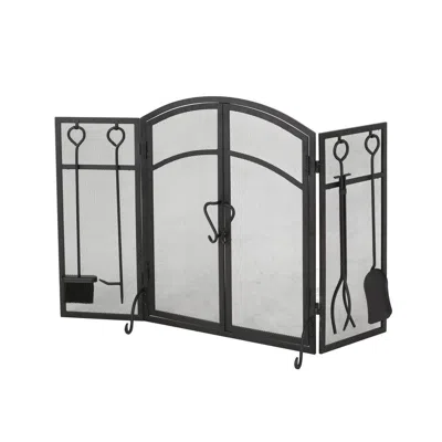 Hivvago Tri Fold Fireplace Screen With 4 Pcs Tool Set, Fine Mesh, Black Doors