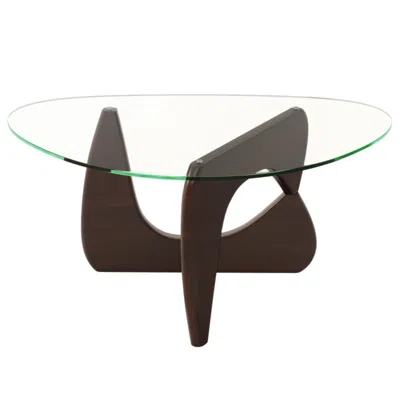 Hivvago Triangle Coffee Table With Tempered Glass Top And Adjustable Rubber Wood Base In Brown