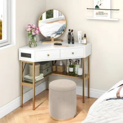 Hivvago Triangle Corner Desk With Charging Station With 2 Drawers And Storage Shelf-golden In White