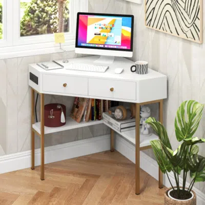 Hivvago Triangle Corner Desk With Charging Station With 2 Drawers And Storage Shelf-white