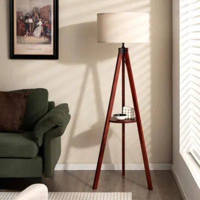 Hivvago Tripod Floor Lamp Wood Standing Lamp With Flaxen Lamp Shade And E26 Lamp Base-brown In Blue