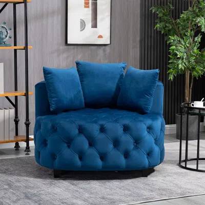 Hivvago Tufted Upholstered Classical Living Room Barrel Accent Chair With Pillows - Blue