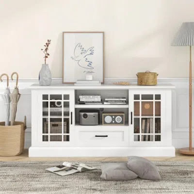 Hivvago Tv Stand For Tvs Up To 70 With Glass Doors Cubbies And Drawer-white