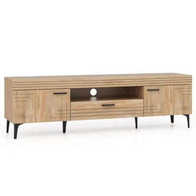 Hivvago Tv Stand With 2 Cabinets And Storage Drawer For 65 Inches Tvs-oak In Brown