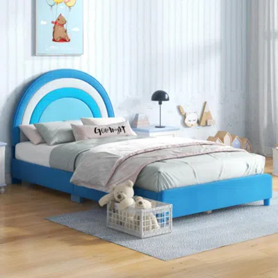 Hivvago Twin Bed Frame With Height-adjustable Headboard And Sturdy Wooden Slats-blue