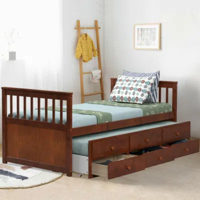 Hivvago Twin Captainâ€s Bed With Trundle And 3 Storage Drawers-walnut