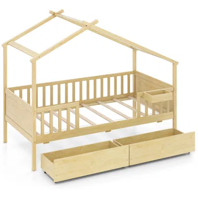 Hivvago Twin House Bed With 2 Storage Drawers And Roof & Fence Rails
