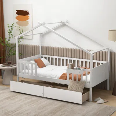 Hivvago Twin House Bed With 2 Storage Drawers And Roof & Fence Rails-white