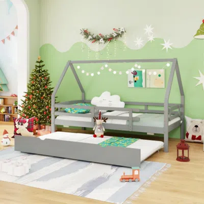 Hivvago Twin House Bed With Trundle And Fence Rail-gray