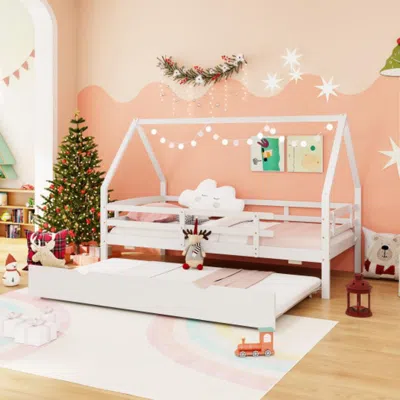 Hivvago Twin House Bed With Trundle And Fence Rail-white
