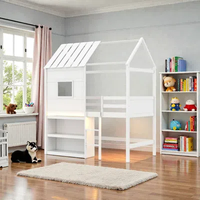 Hivvago Twin Loft Bed With Led Light Strip, Playhouse Roof, Window Accent And Storage Shelves In White