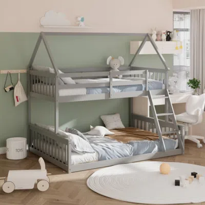 Hivvago Twin Over Full House Bunk Bed With Ladder And Guardrails-gray
