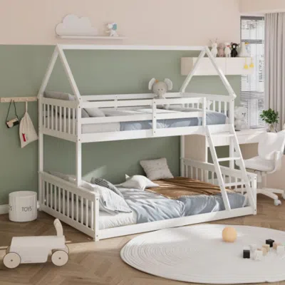 Hivvago Twin Over Full House Bunk Bed With Ladder And Guardrails-white