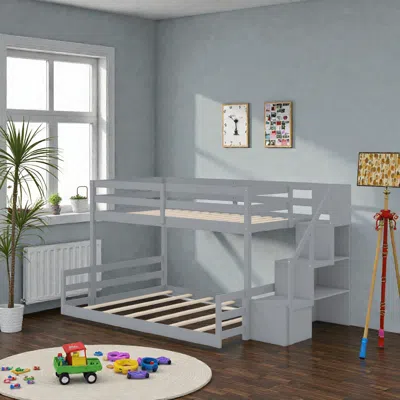 Hivvago Twin Over Full Low Bunk Bed With Storage Steps With Solid Wood Construction In Gray