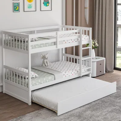 Hivvago Twin Over Twin Bunk Bed With Pull-out Trundle And Ladder-white