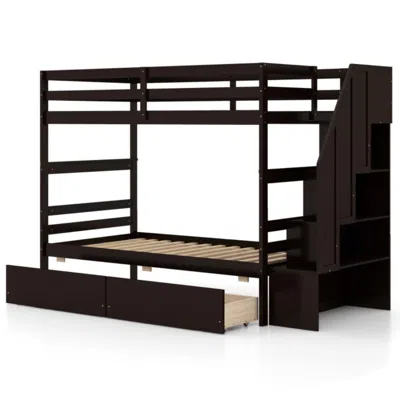 Hivvago Twin Over Twin Bunk Bed With Storage Stairs And Drawers-gray In Brown