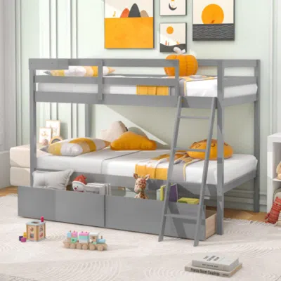 Hivvago Twin Over Twin Bunk Bed Wood Bed Frame With 2 Storage Drawers And Ladder-gray