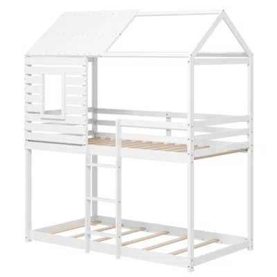 Hivvago Twin Over Twin House Bunk Bed With Roof And Full-length Guardrails-white