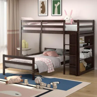 Hivvago Twin Over Twin Loft Bunk Bed With Bookcase-dark Brown