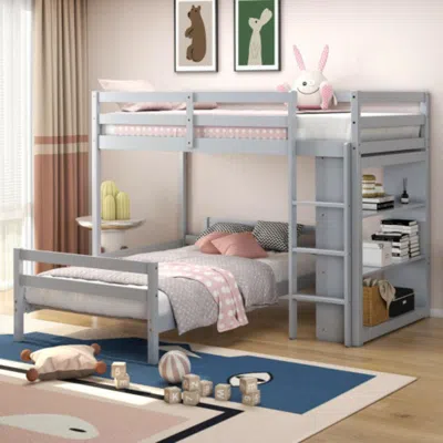 Hivvago Twin Over Twin Loft Bunk Bed With Bookcase-gray