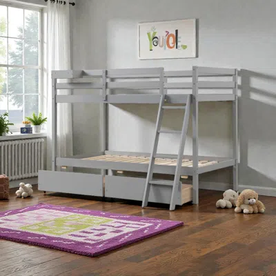 Hivvago Twin-over-twin Wooden Bunk Bed With Ladder And Built-in Storage Drawers In Gray
