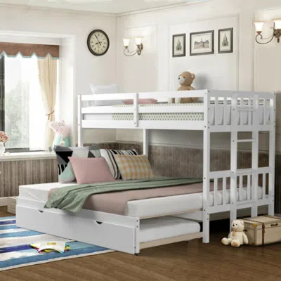 Hivvago Twin Pull-out Bunk Bed With Trundle Wooden Ladder-white