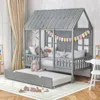 Hivvago Twin Size Bed Frame House Bed With Trundle And 82 Inch Tall Roof-gray