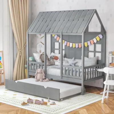 Hivvago Twin Size Bed Frame House Bed With Trundle And 82 Inch Tall Roof-gray