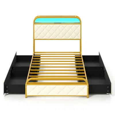Hivvago Twin Size Bed Frame With Led Lights And Charging Station Gold