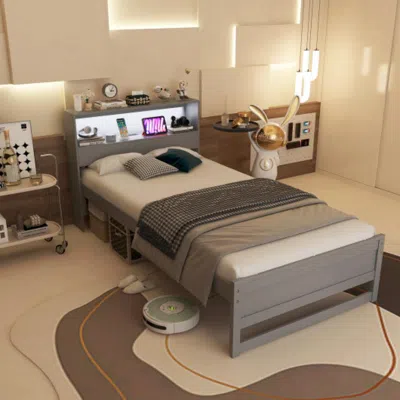 Hivvago Twin Size Bed Frame With Storage Headboard And Charging Station-gray