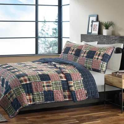 Hivvago Twin Size Farmhouse Red Navy Plaid 100-percent Cotton Reversible Quilt Set In Blue