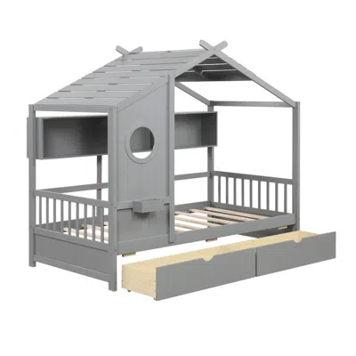 Hivvago Twin Size House Bed With 2 Storage Drawers And Fence Guardrails
