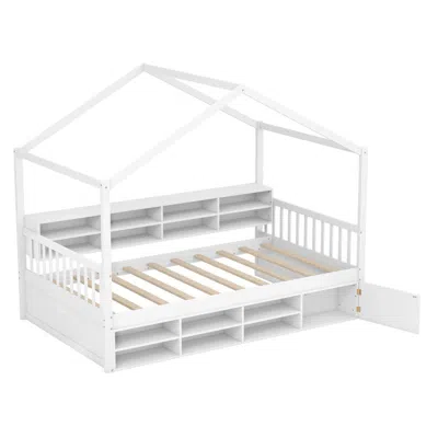 Hivvago Twin Size House Bed With Roof With 14 Storage Cubes And Enclosed Cabinet In White