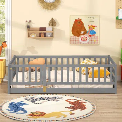 Hivvago Twin Size Kids Floor Bed With Fence & Door